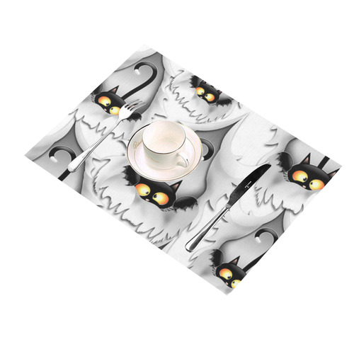 Fun Cat Cartoon in ripped fabric Hole Placemat 14’’ x 19’’ (Set of 6)