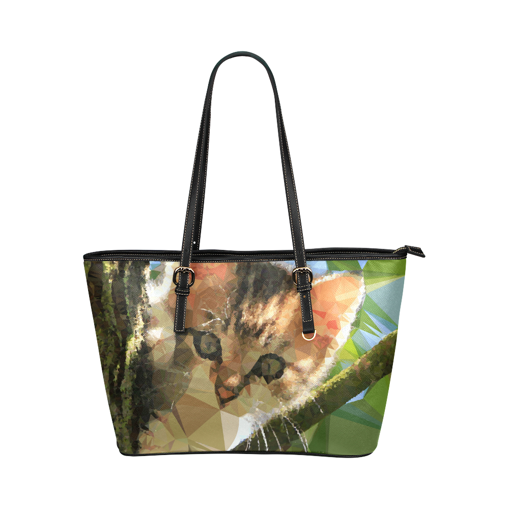 Kitten In Tree Low Poly Triangles Leather Tote Bag/Large (Model 1651)