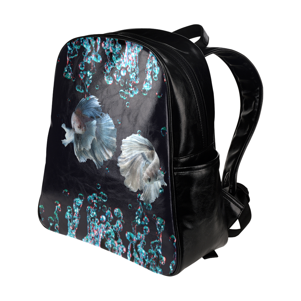 Blue Siamese Fighting Fish with Blue Bubbles Multi-Pockets Backpack (Model 1636)