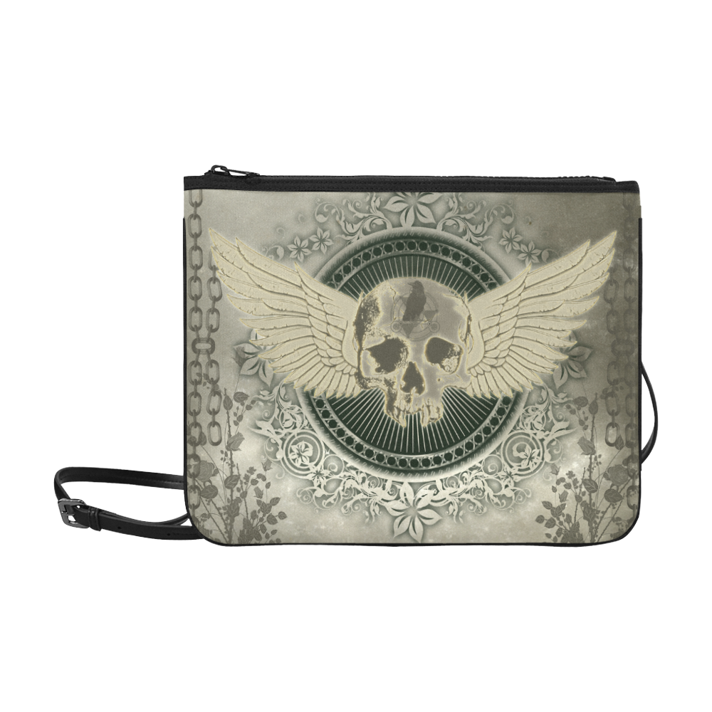 Skull with wings and roses on vintage background Slim Clutch Bag (Model 1668)