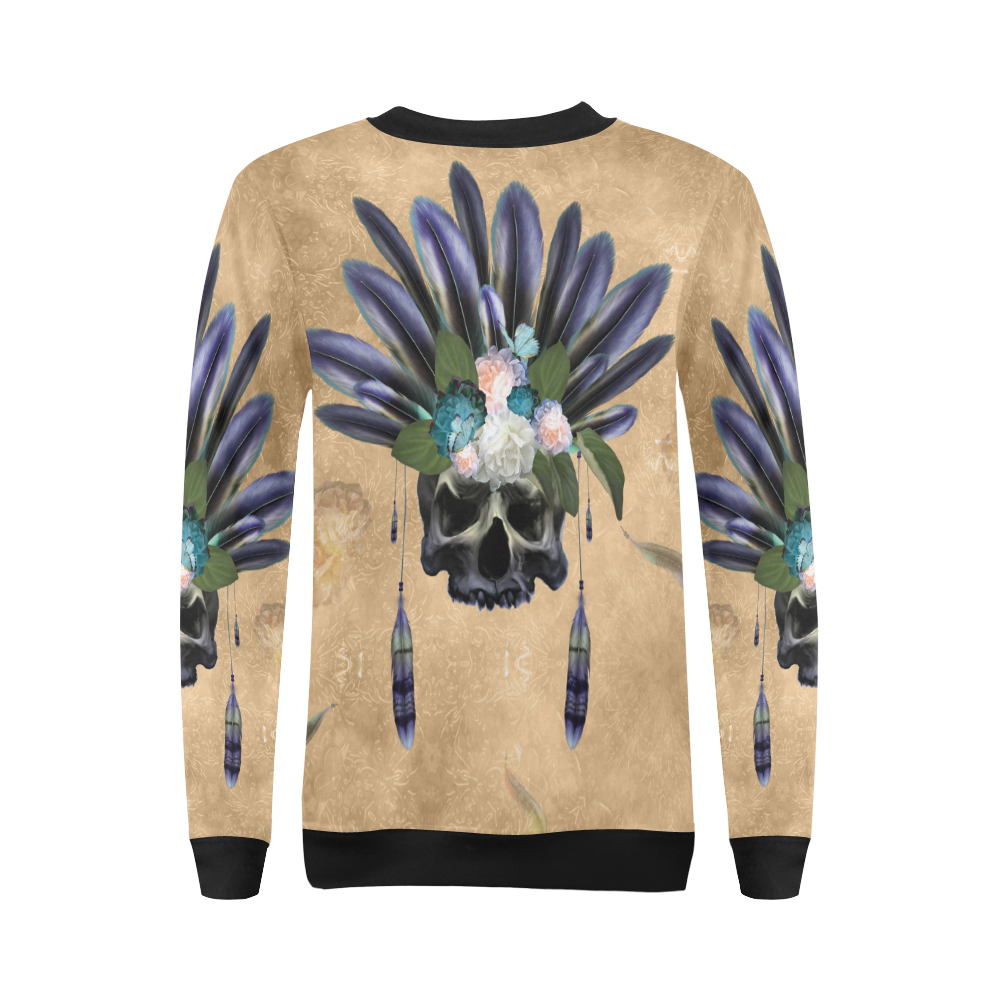 Cool skull with feathers and flowers All Over Print Crewneck Sweatshirt for Women (Model H18)