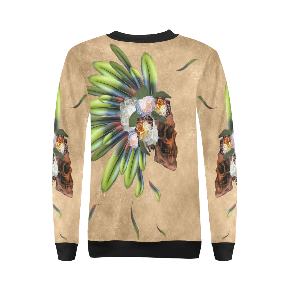 Amazing skull with feathers and flowers All Over Print Crewneck Sweatshirt for Women (Model H18)