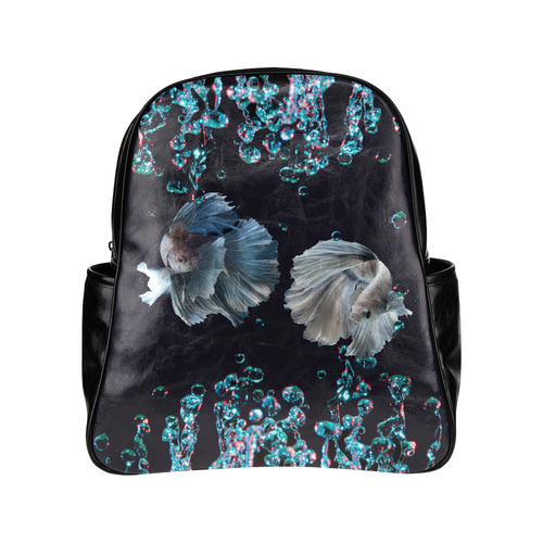 Blue Siamese Fighting Fish with Blue Bubbles Multi-Pockets Backpack (Model 1636)