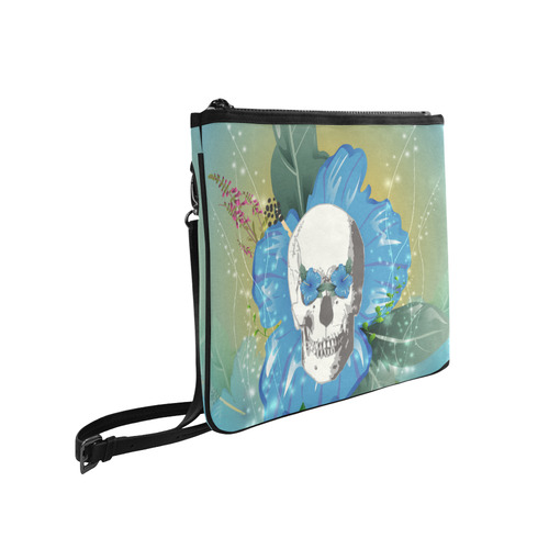 Funny skull with blue flowers Slim Clutch Bag (Model 1668)