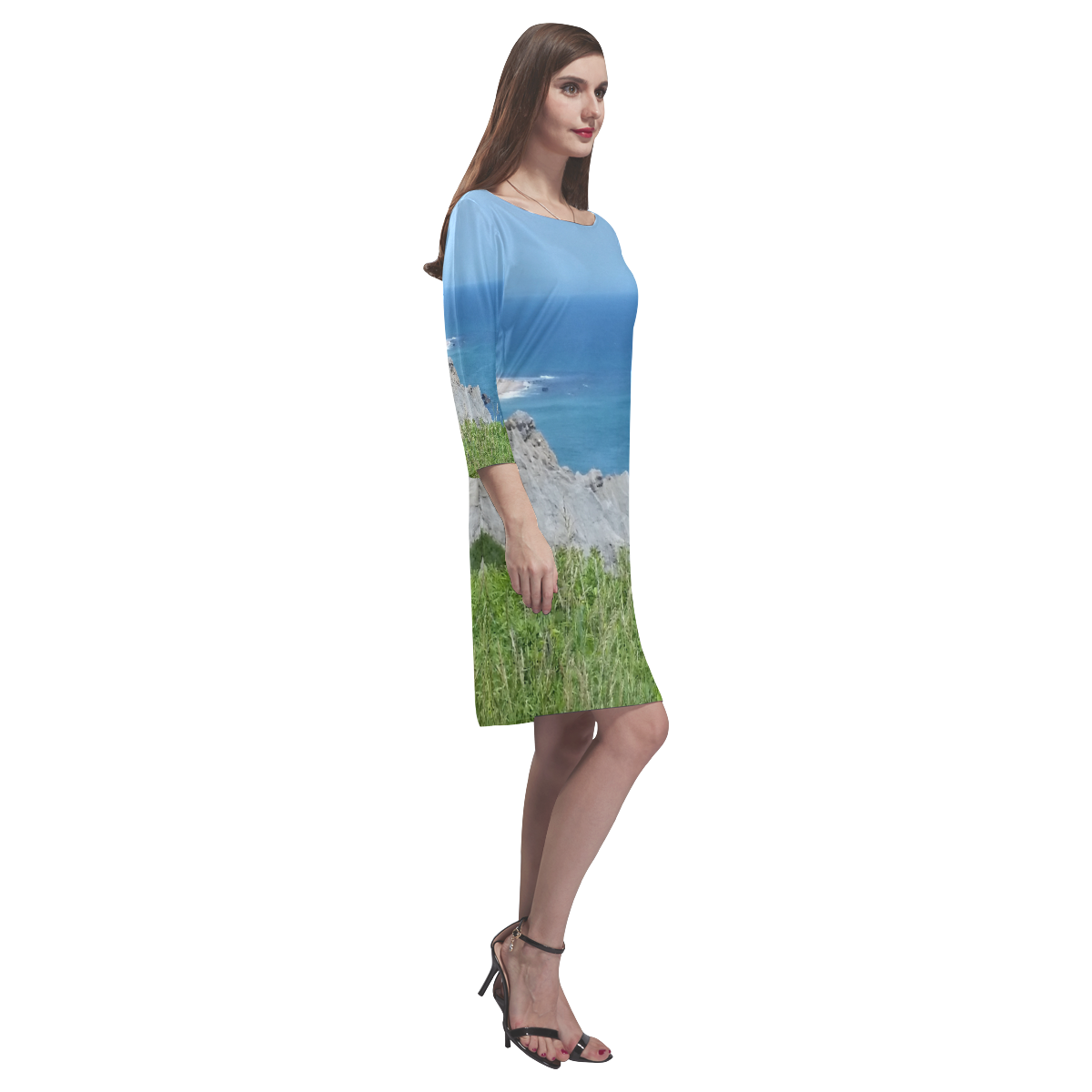 Block Island Bluffs - Block Island, Rhode Island Rhea Loose Round Neck Dress(Model D22)