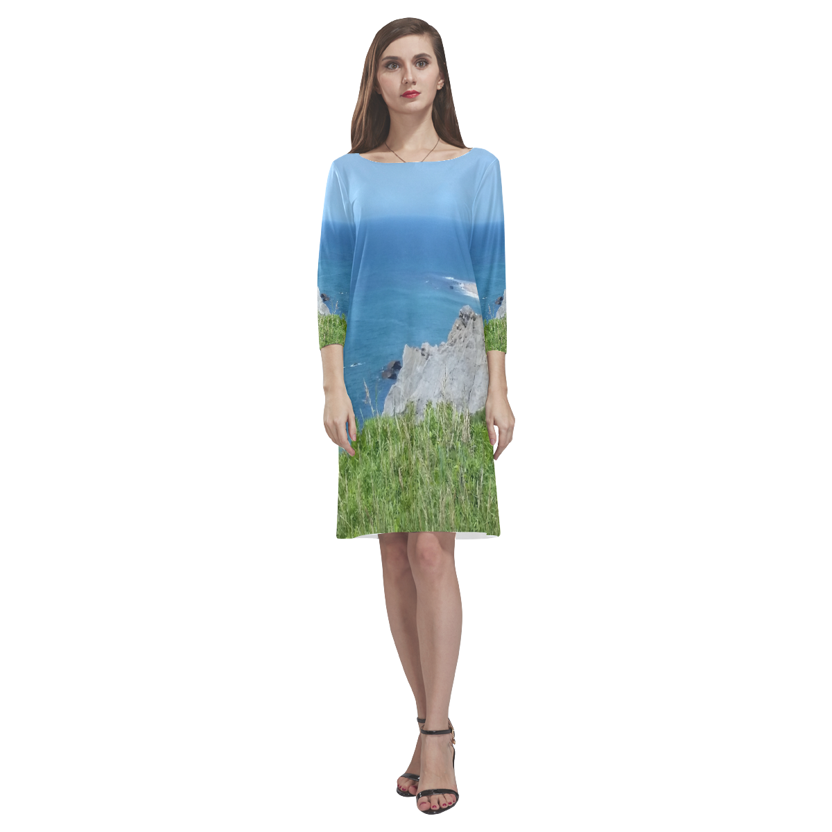 Block Island Bluffs - Block Island, Rhode Island Rhea Loose Round Neck Dress(Model D22)