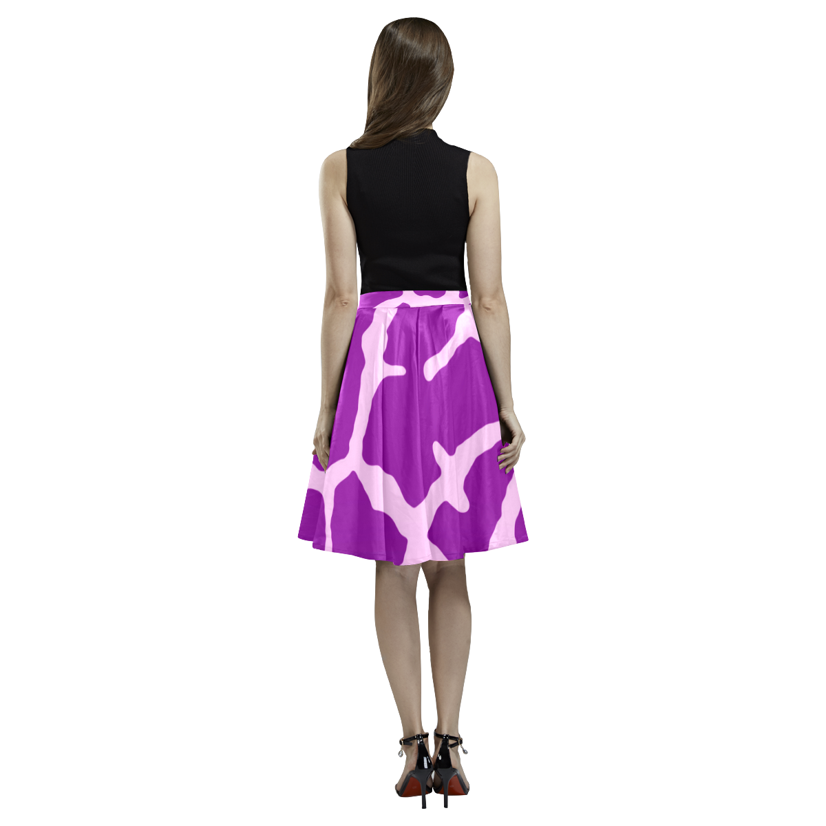 Purple Giraffe Print Melete Pleated Midi Skirt (Model D15)