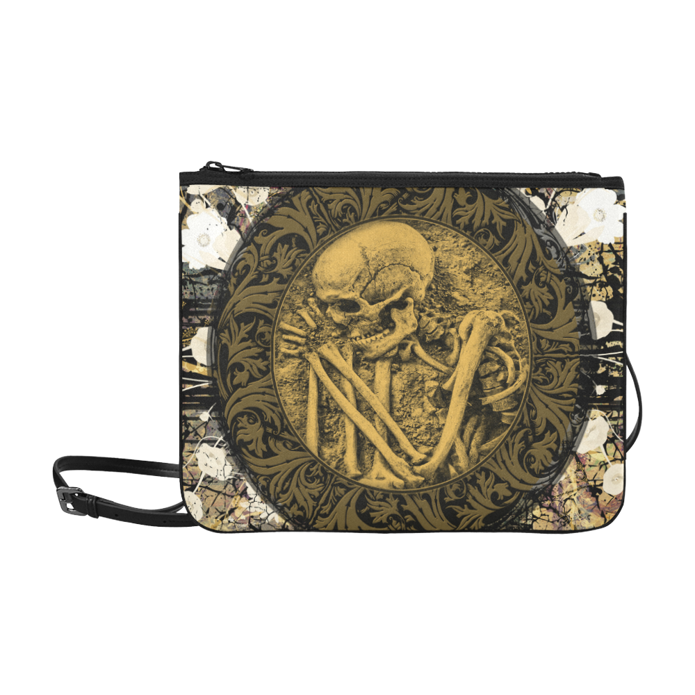 The skeleton in a round button with flowers Slim Clutch Bag (Model 1668)