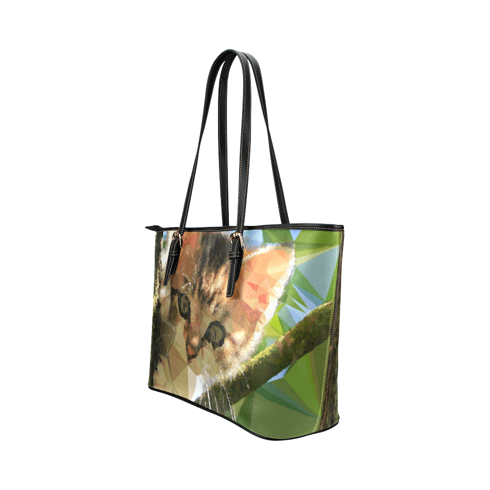 Kitten In Tree Low Poly Triangles Leather Tote Bag/Large (Model 1651)