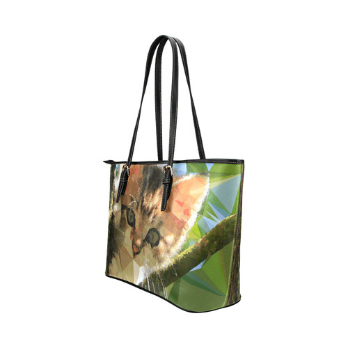 Kitten In Tree Low Poly Triangles Leather Tote Bag/Large (Model 1651)