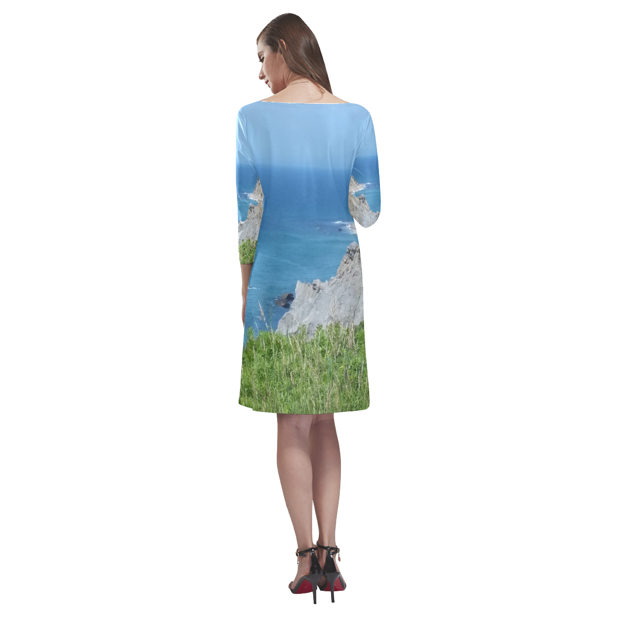 Block Island Bluffs - Block Island, Rhode Island Rhea Loose Round Neck Dress(Model D22)