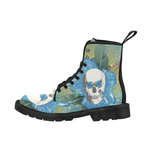 Funny skull with blue flowers Martin Boots for Women (Black) (Model 1203H)