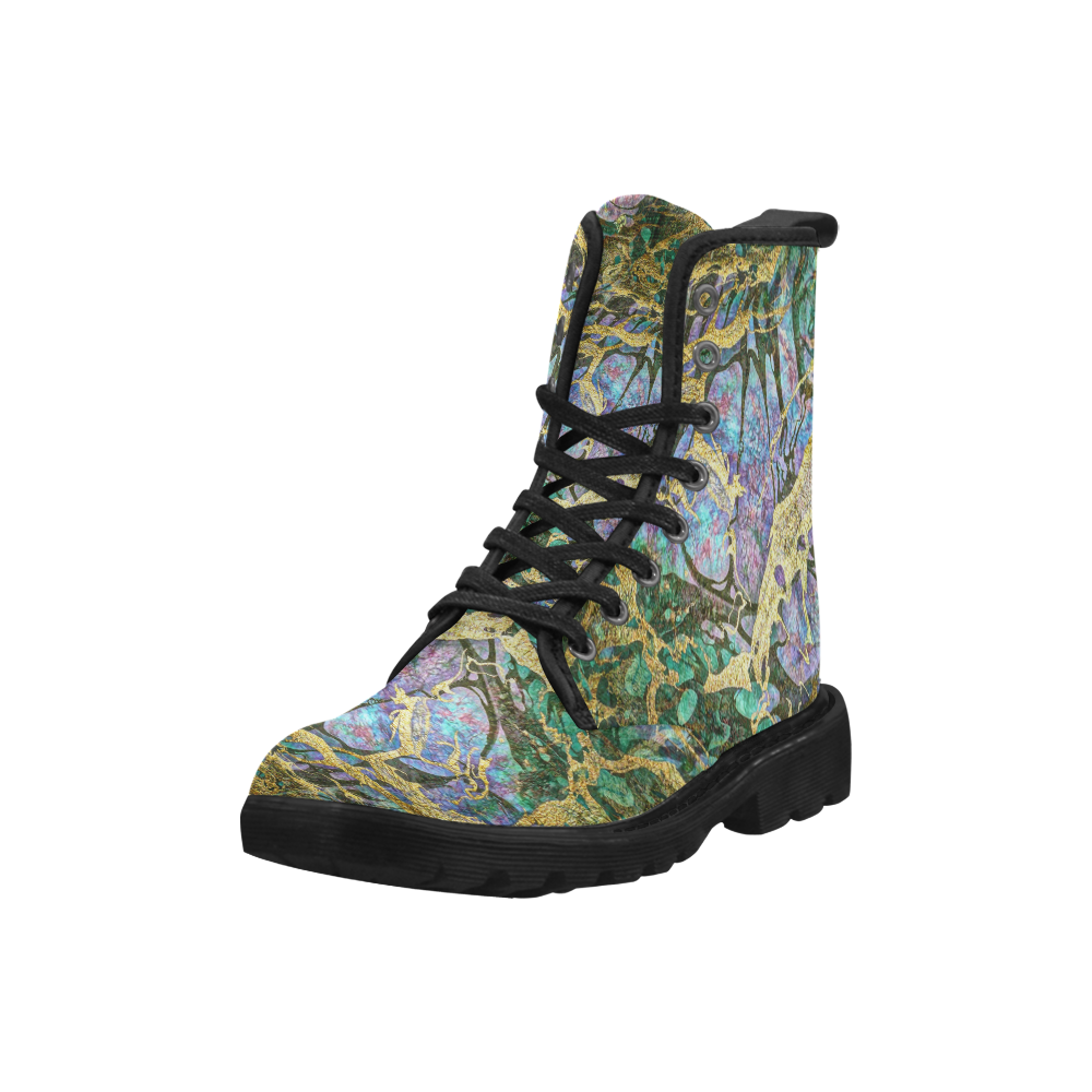 Abstract Green Watercolor Brush Painting with Gold Martin Boots for Men (Black) (Model 1203H)