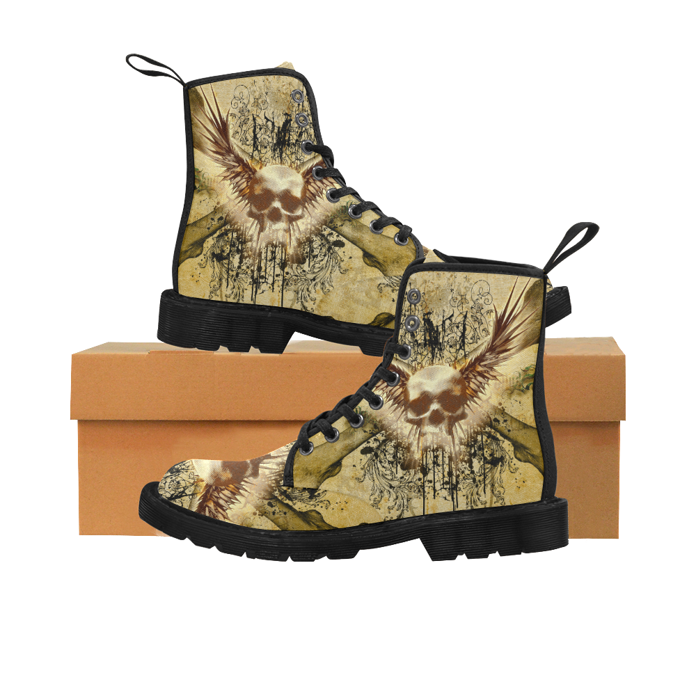 Amazing skull, wings and grunge Martin Boots for Women (Black) (Model 1203H)
