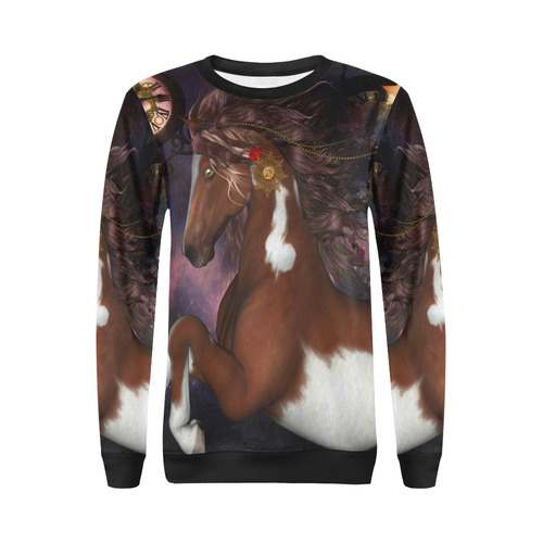 Awesome steampunk horse with clocks gears All Over Print Crewneck Sweatshirt for Women (Model H18)