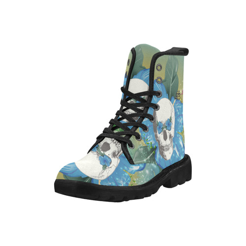 Funny skull with blue flowers Martin Boots for Women (Black) (Model 1203H)