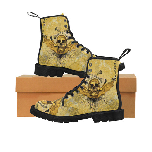 Awesome skull in golden colors Martin Boots for Women (Black) (Model 1203H)