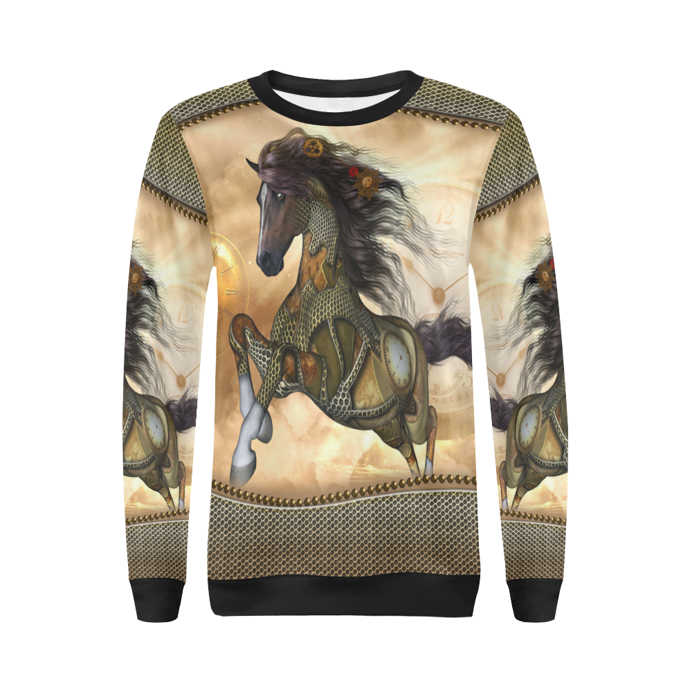 Aweseome steampunk horse, golden All Over Print Crewneck Sweatshirt for Women (Model H18)