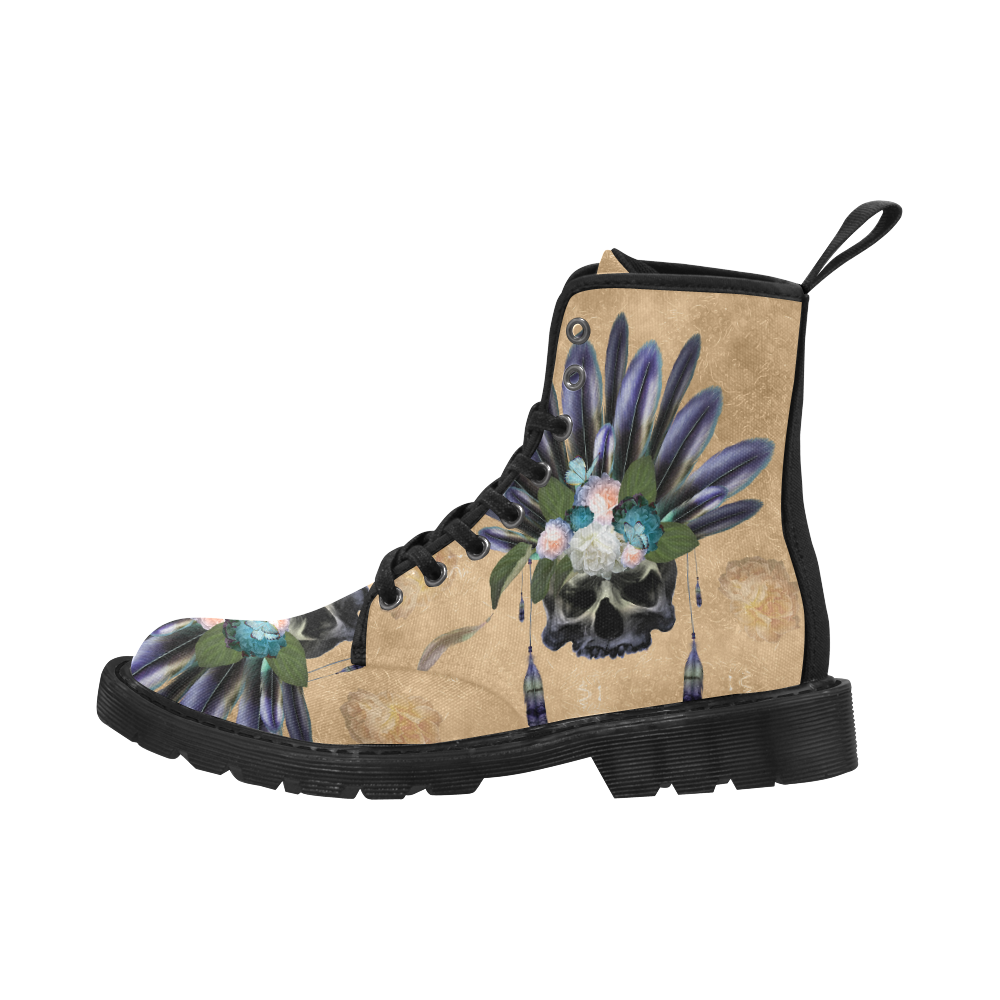 Cool skull with feathers and flowers Martin Boots for Women (Black) (Model 1203H)