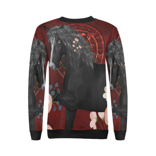 Black horse with flowers All Over Print Crewneck Sweatshirt for Women (Model H18)
