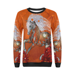 Wonderful steampunk horse, red white All Over Print Crewneck Sweatshirt for Women (Model H18)