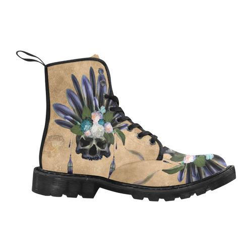 Cool skull with feathers and flowers Martin Boots for Women (Black) (Model 1203H)