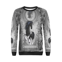 Awesome horse in black and white with flowers All Over Print Crewneck Sweatshirt for Women (Model H18)