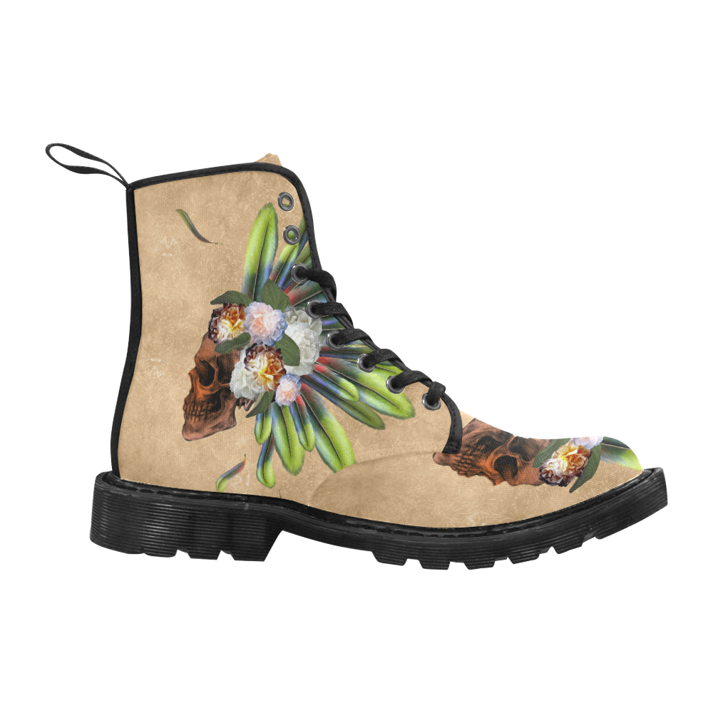 Amazing skull with feathers and flowers Martin Boots for Women (Black) (Model 1203H)