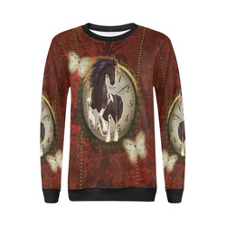 Wonderful horse on a clock All Over Print Crewneck Sweatshirt for Women (Model H18)