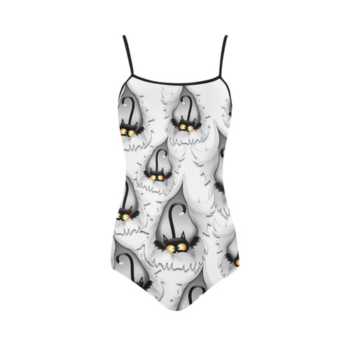 Fun Cat Cartoon in ripped fabric Hole Strap Swimsuit ( Model S05)