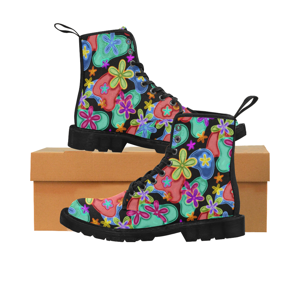Colorful Retro Flowers Fractalius Pattern Martin Boots for Men (Black) (Model 1203H)