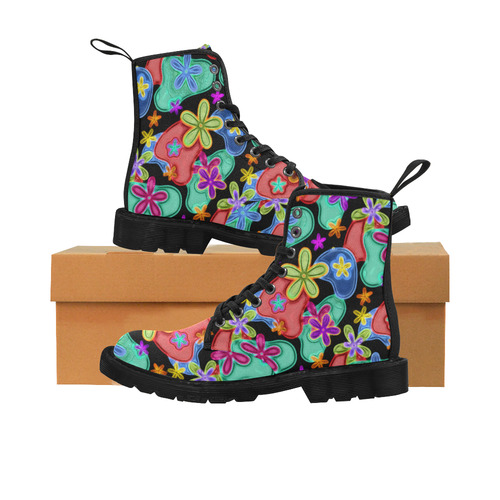 Colorful Retro Flowers Fractalius Pattern Martin Boots for Men (Black) (Model 1203H)