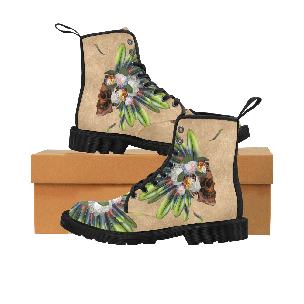 Amazing skull with feathers and flowers Martin Boots for Women (Black) (Model 1203H)