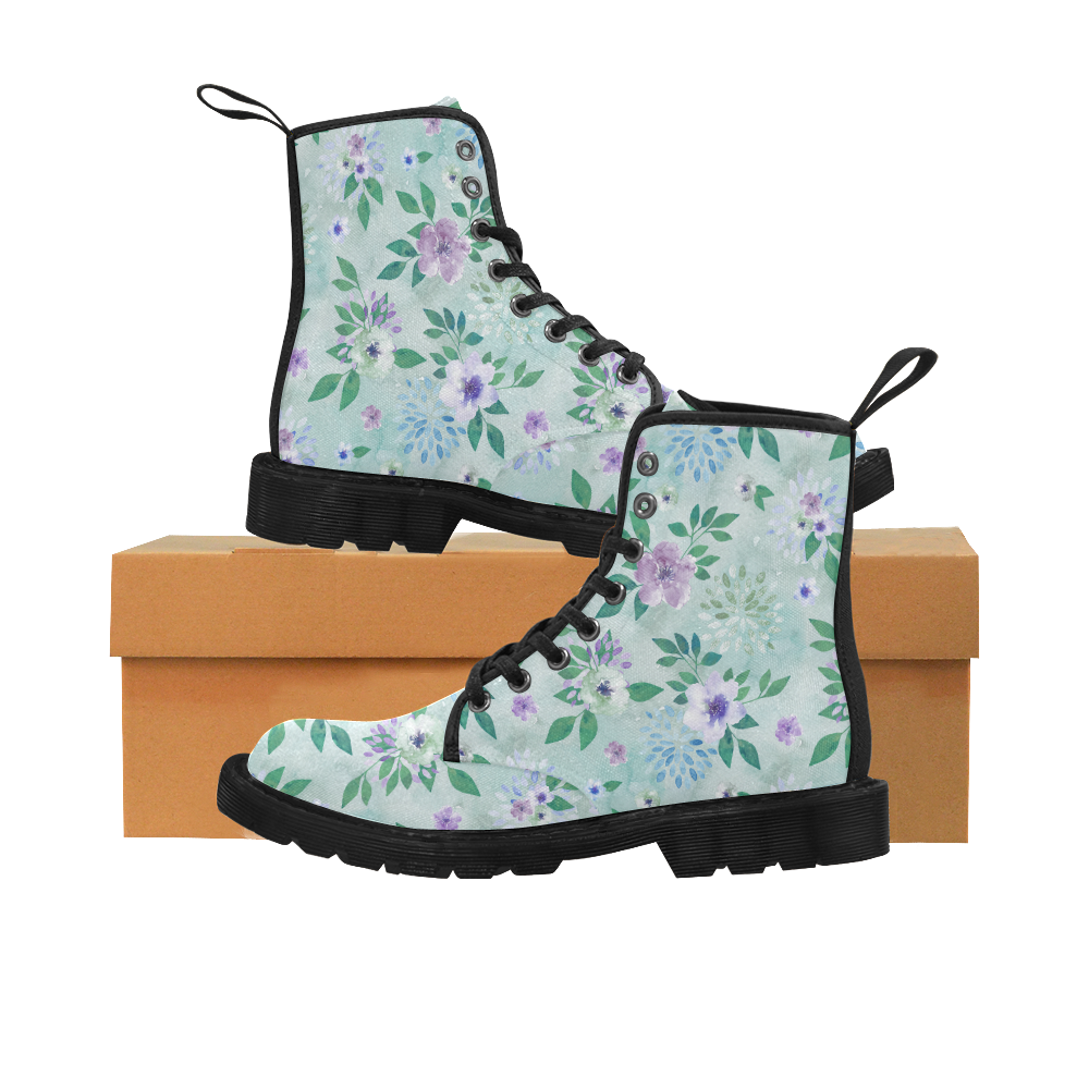 Watercolor Spring Flowers Pattern cyan lilac Martin Boots for Men (Black) (Model 1203H)