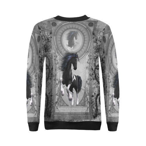 Awesome horse in black and white with flowers All Over Print Crewneck Sweatshirt for Women (Model H18)