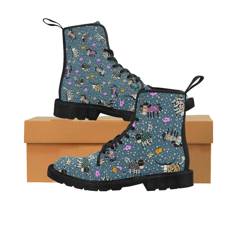 Colorfully and Funny COWS with FLOWERS Martin Boots for Men (Black) (Model 1203H)