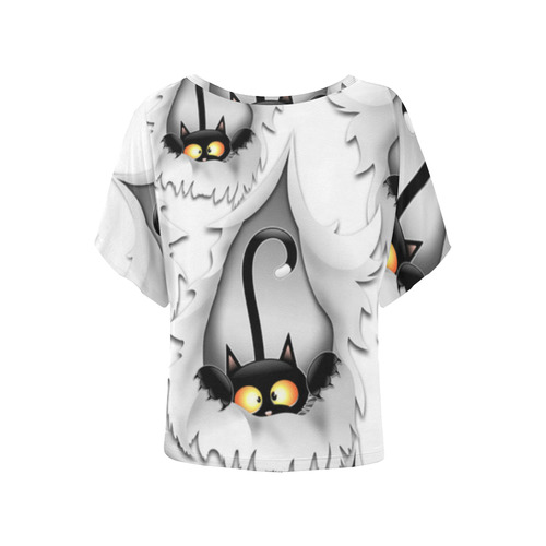 Fun Cat Cartoon in ripped fabric Hole Women's Batwing-Sleeved Blouse T shirt (Model T44)