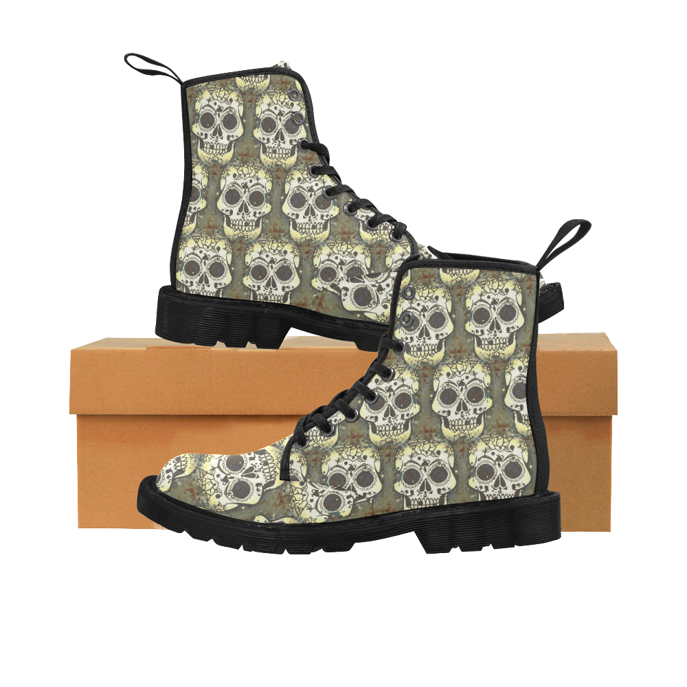 new skull allover pattern 05F by JamColors Martin Boots for Women (Black) (Model 1203H)