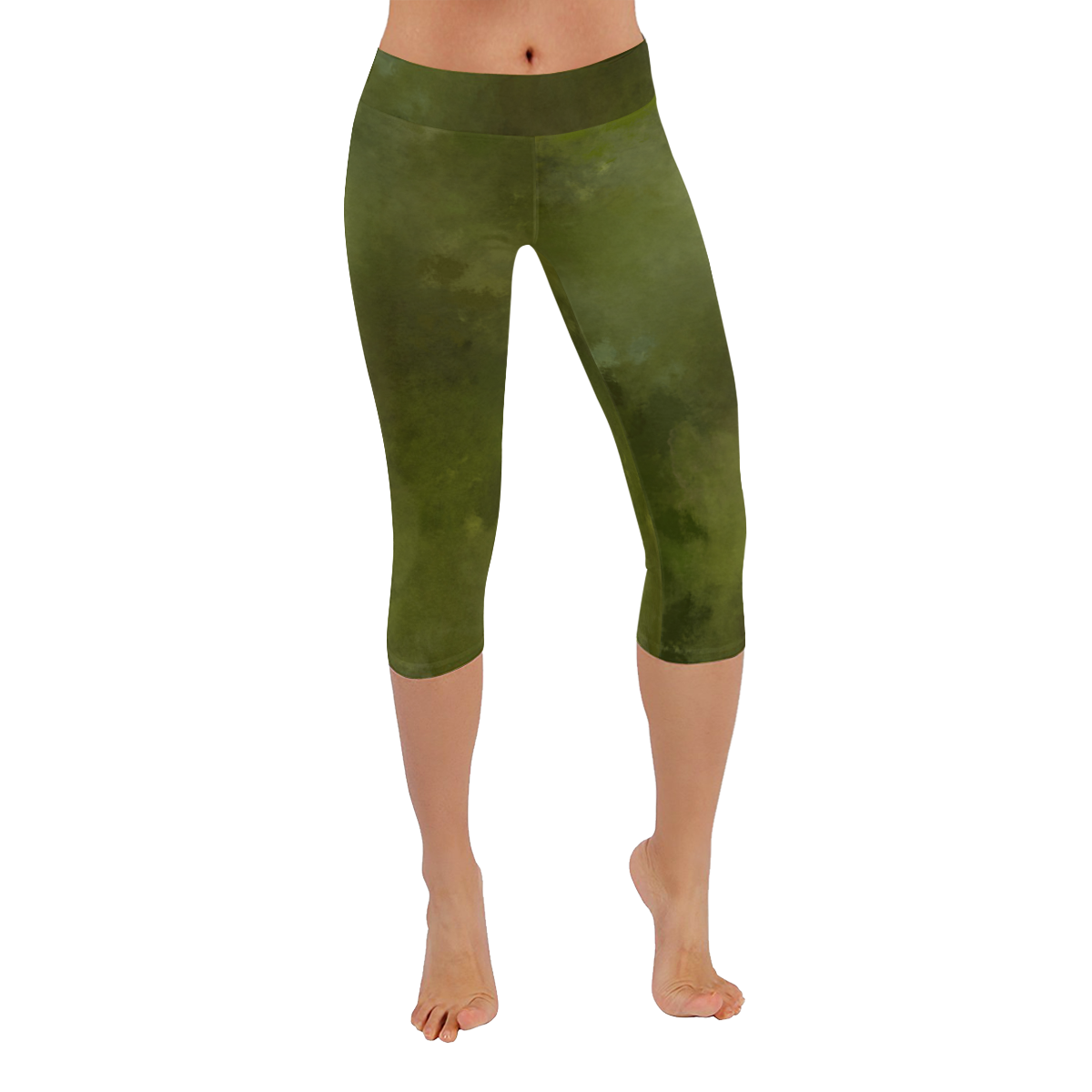 Green brown batik look Women's Low Rise Capri Leggings (Invisible Stitch) (Model L08)