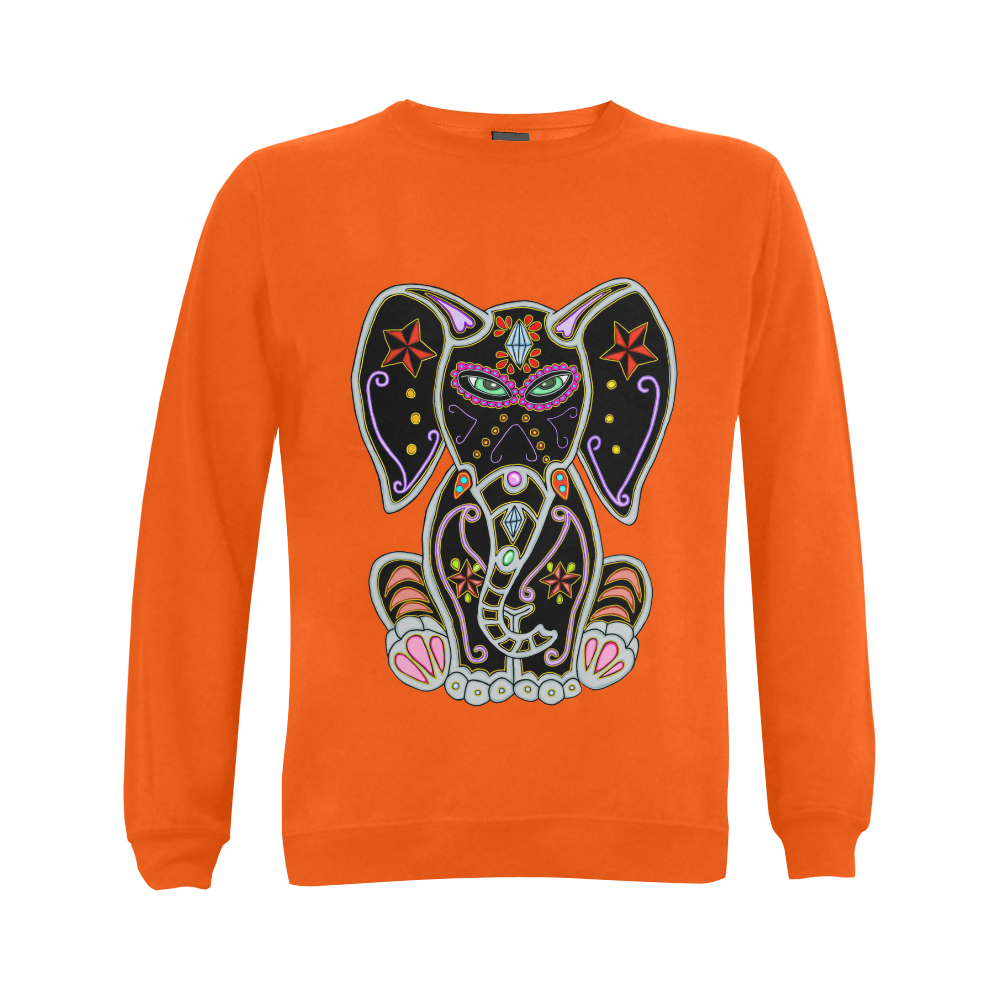 Mystical Sugar Skull Elephant Orange Gildan Crewneck Sweatshirt(NEW) (Model H01)