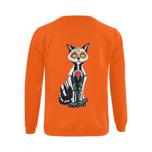 Sugar Skull Cat Orange Gildan Crewneck Sweatshirt(NEW) (Model H01)