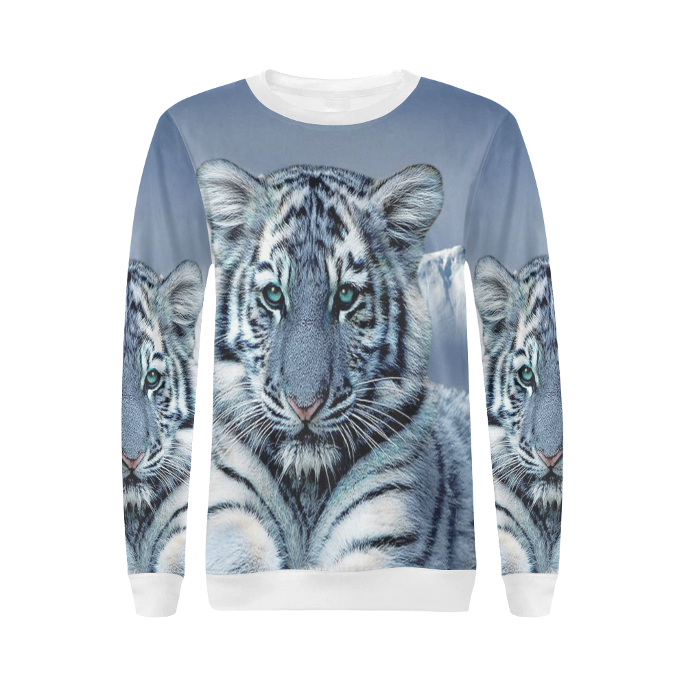 Blue White Tiger All Over Print Crewneck Sweatshirt for Women (Model H18)
