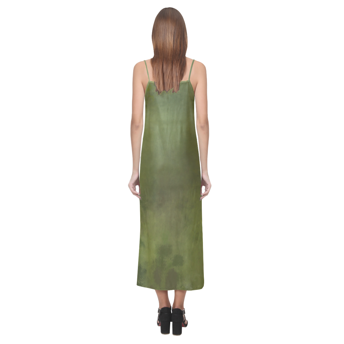 Green brown batik look V-Neck Open Fork Long Dress(Model D18)