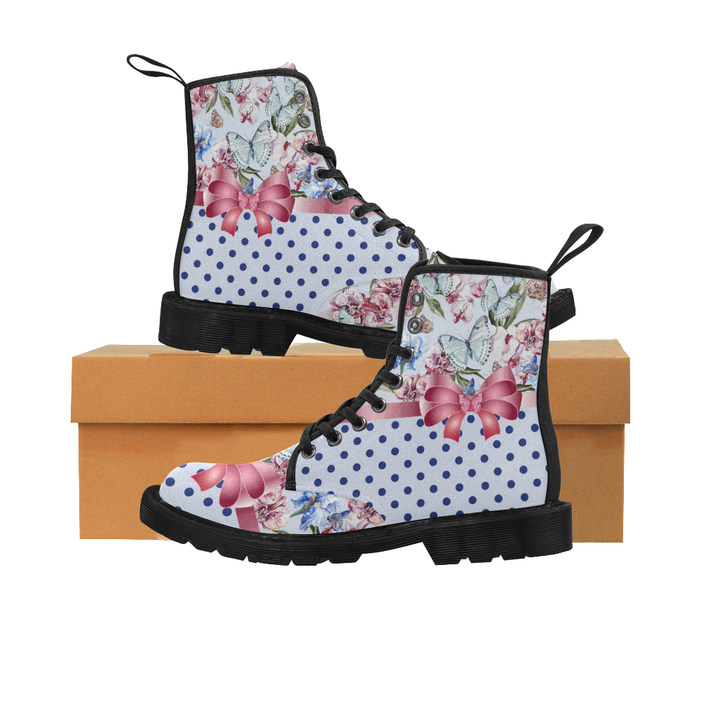 Watercolor Flowers Butterflies Polka Dots Ribbon B Martin Boots for Women (Black) (Model 1203H)