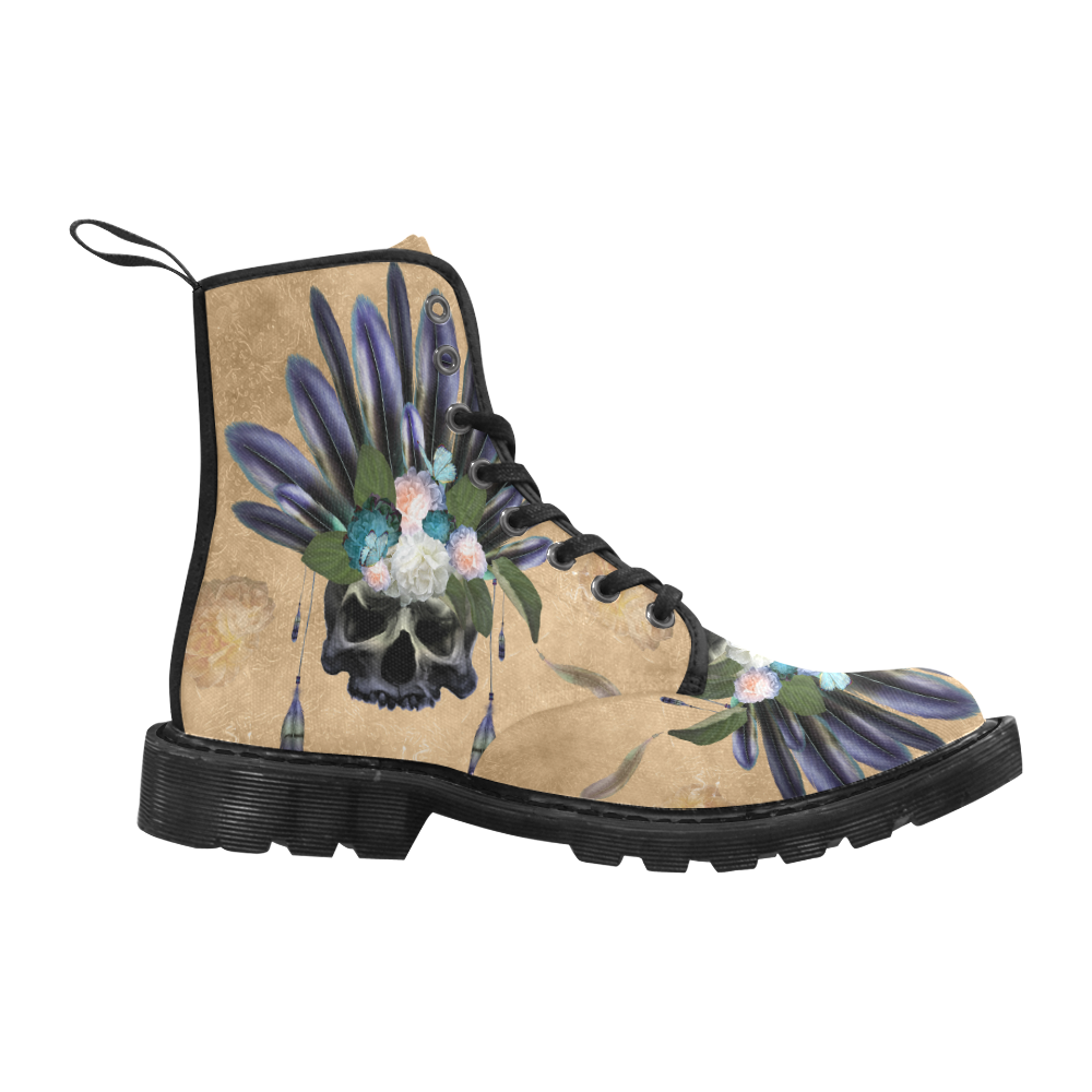 Cool skull with feathers and flowers Martin Boots for Men (Black) (Model 1203H)