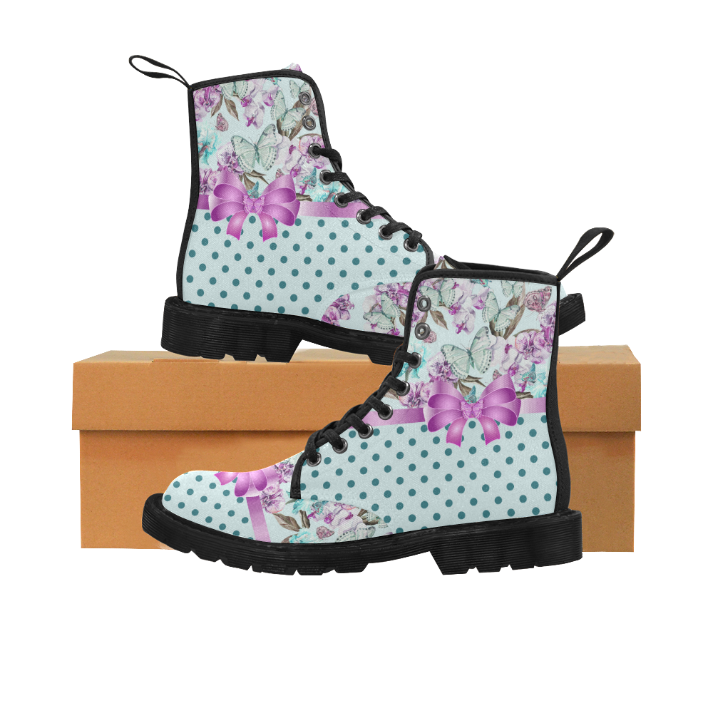 Watercolor Flowers Butterflies Polka Dots Ribbon T Martin Boots for Women (Black) (Model 1203H)