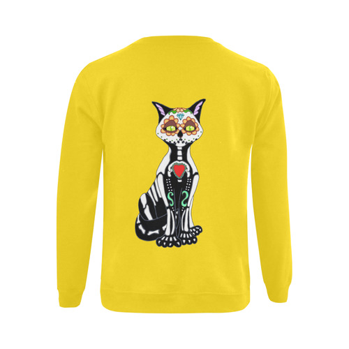 Sugar Skull Cat Yellow Gildan Crewneck Sweatshirt(NEW) (Model H01)