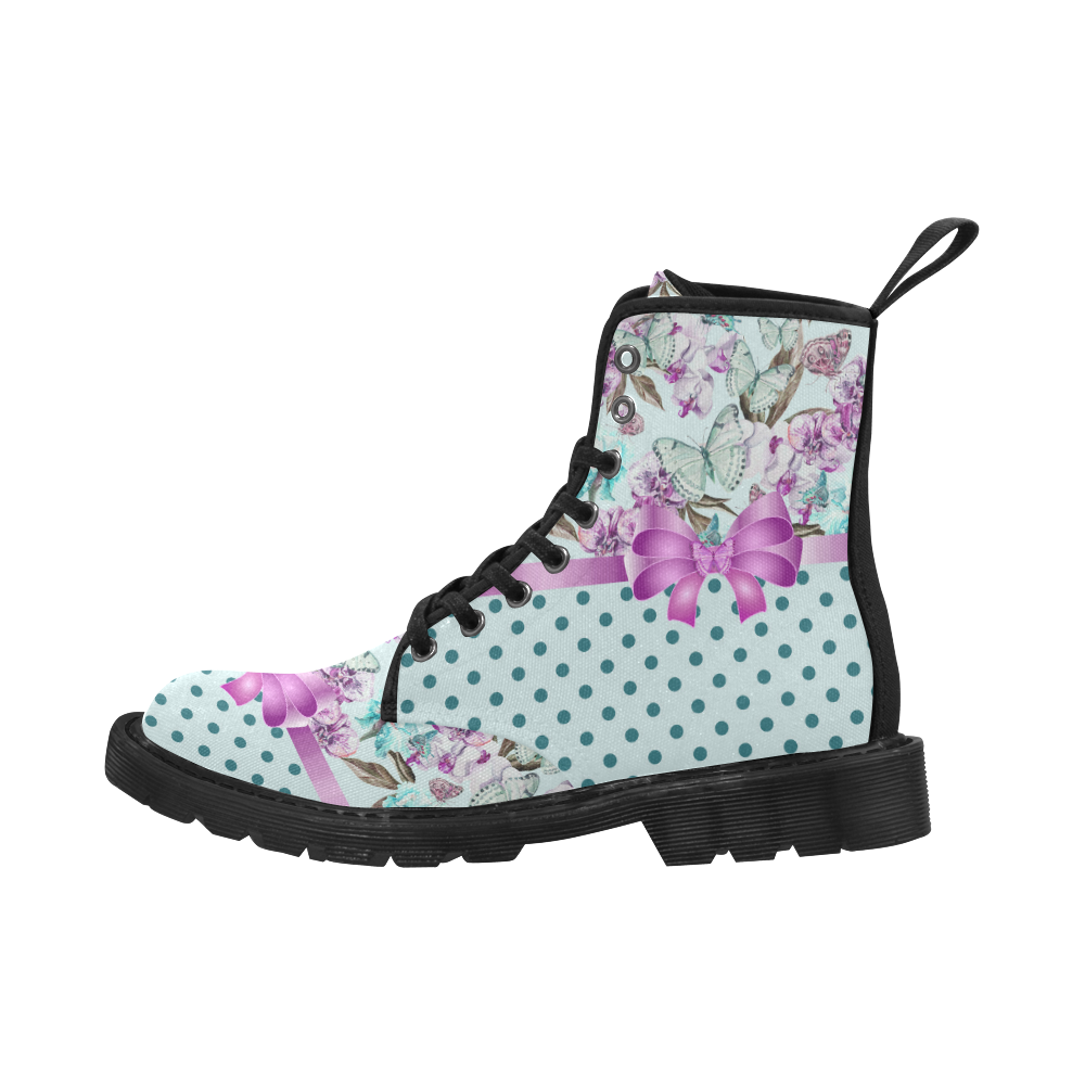 Watercolor Flowers Butterflies Polka Dots Ribbon T Martin Boots for Women (Black) (Model 1203H)