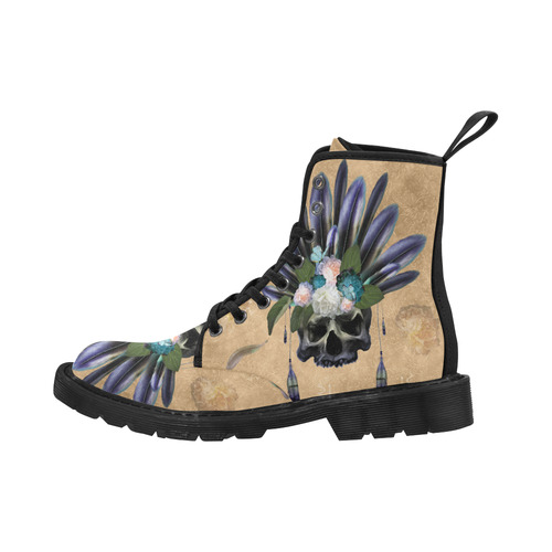 Cool skull with feathers and flowers Martin Boots for Men (Black) (Model 1203H)