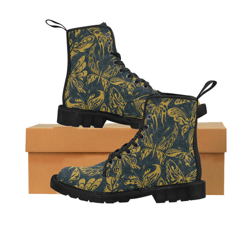 Gold Glitter Tribal Tattoo Butterflies Pattern Martin Boots for Women (Black) (Model 1203H)